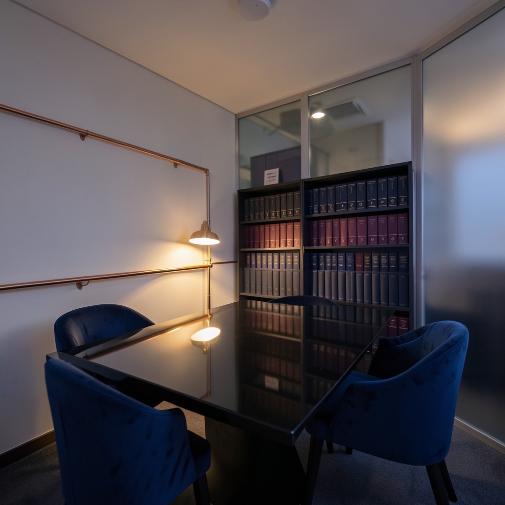 The practice room in Tambon Paluru at dusk, with a lacquered table and a cabinet of bound books