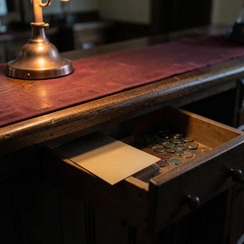 Two open drawers with kraft envelopes and coins on a quiet clinic counter
