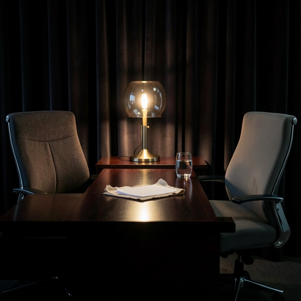 A meeting table set with a folder, a glass of water, and a brass lamp before a budget sitting