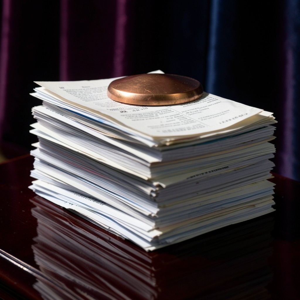 A tall stack of supplier invoices held by a copper paperweight on a dark wood desk
