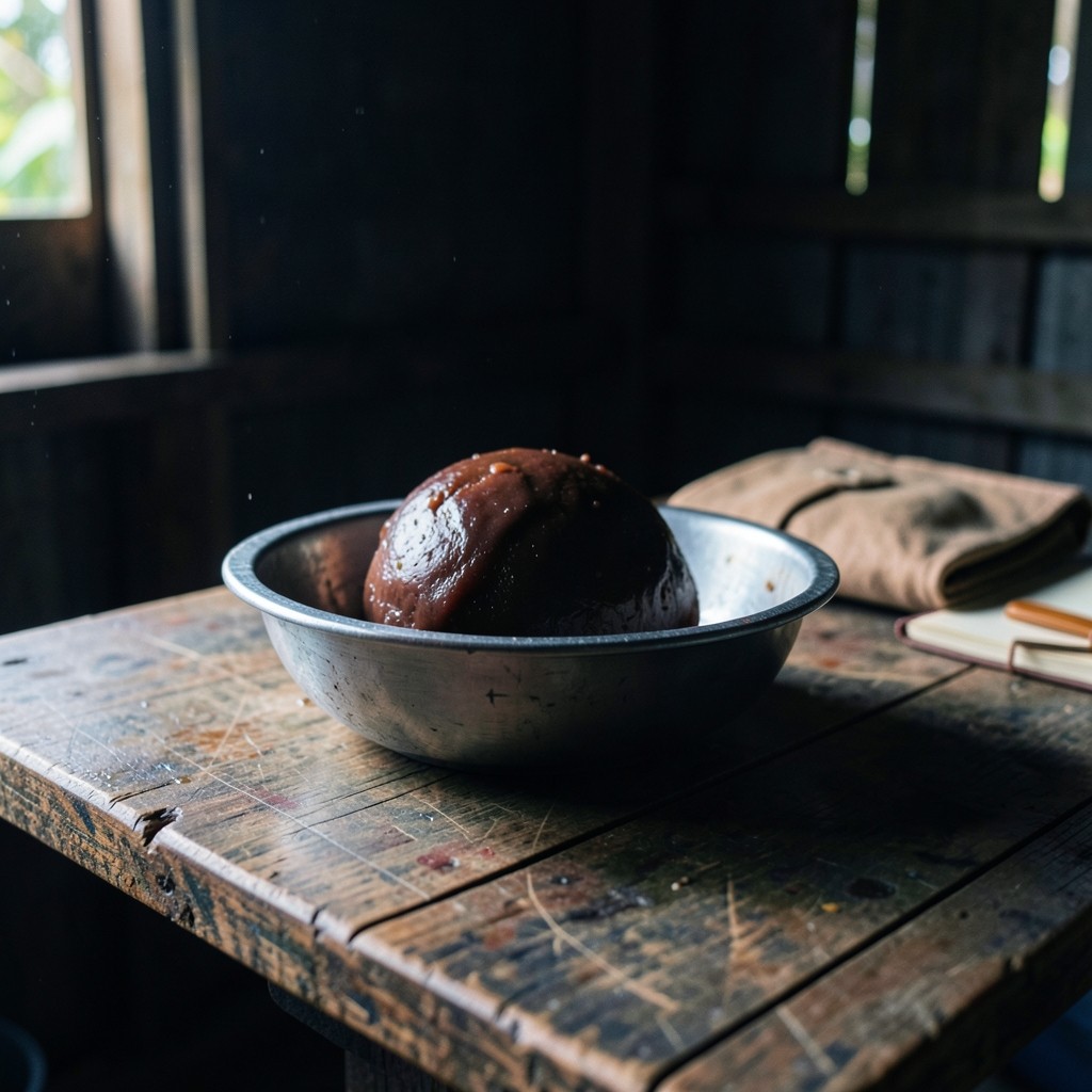 Cup lump in metal bowls beside a cash pouch on a wooden weighing table