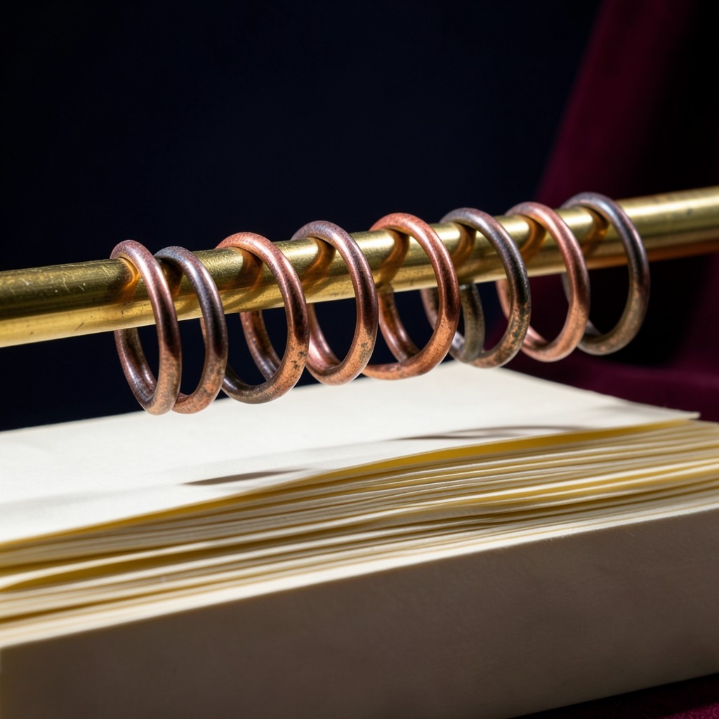 Copper rings on a brass rail above a row of paper folios
