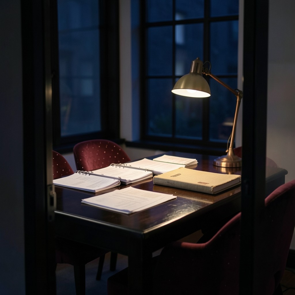 Meeting room in Paluru with a ledger, receipts, and a brass lamp on a lacquered table