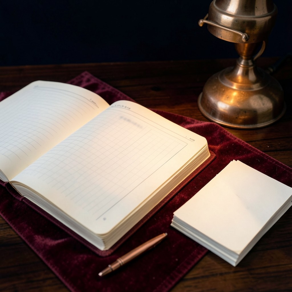 Open budget book with expense slips for wages, fuel, and rent on a lacquered desk