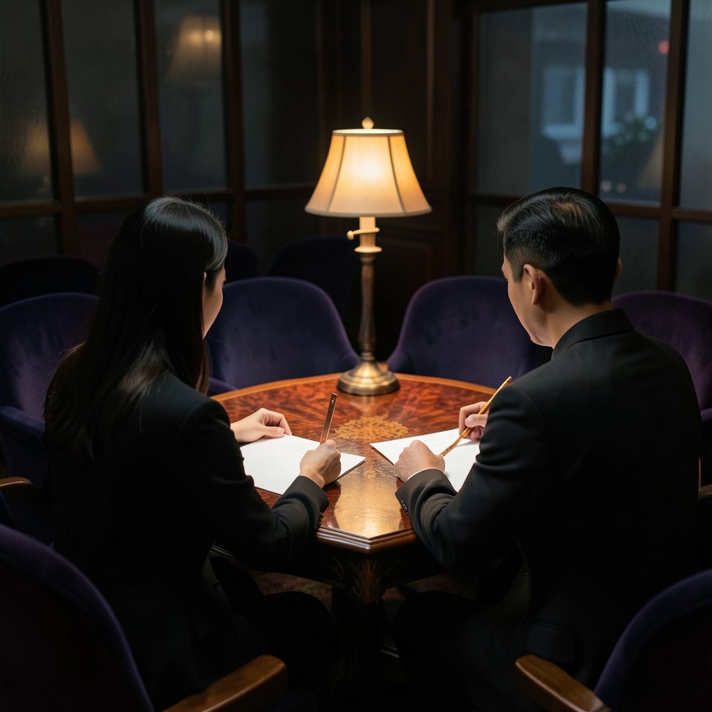 Two people reviewing paper expense sheets together at a lacquered table