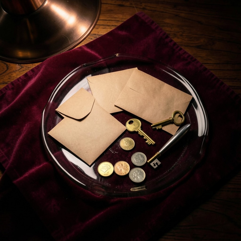 Kraft envelopes, coins, and a brass key arranged on a smoked-glass tray