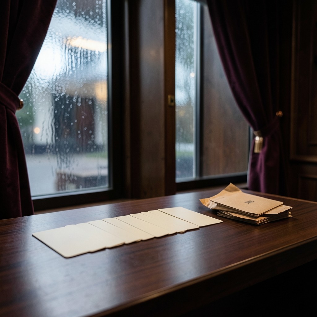 Unmarked monthly cards and cash envelopes beside a rain-streaked office window
